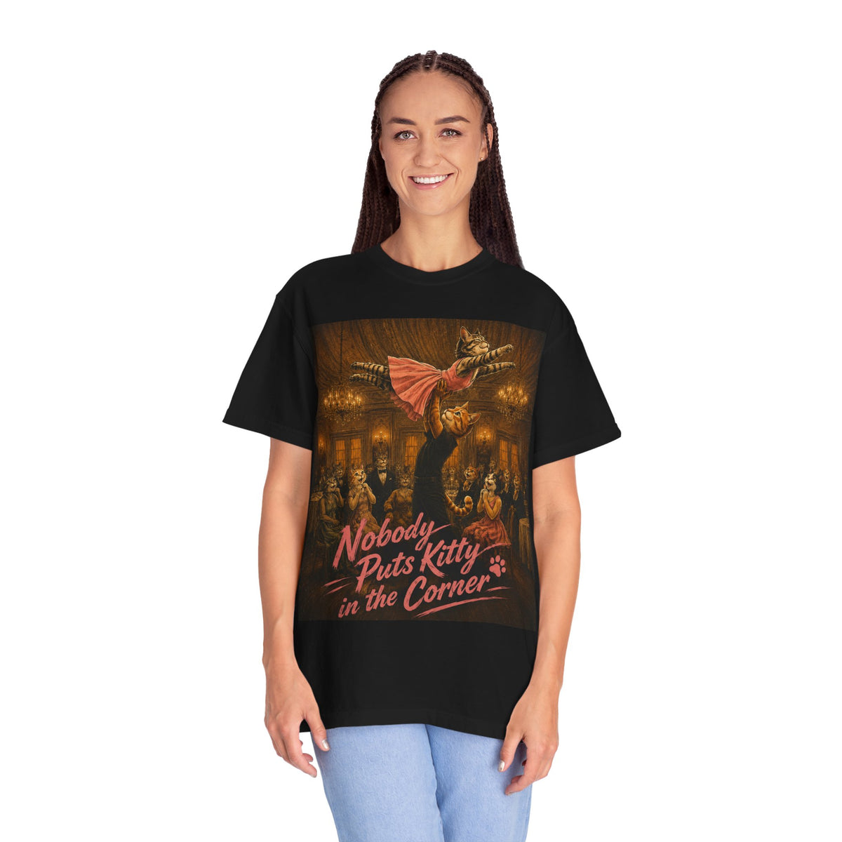 Nobody Puts Kitty in the Corner Cat Parody T-Shirt | Funny Retro Dancing Cats Tee