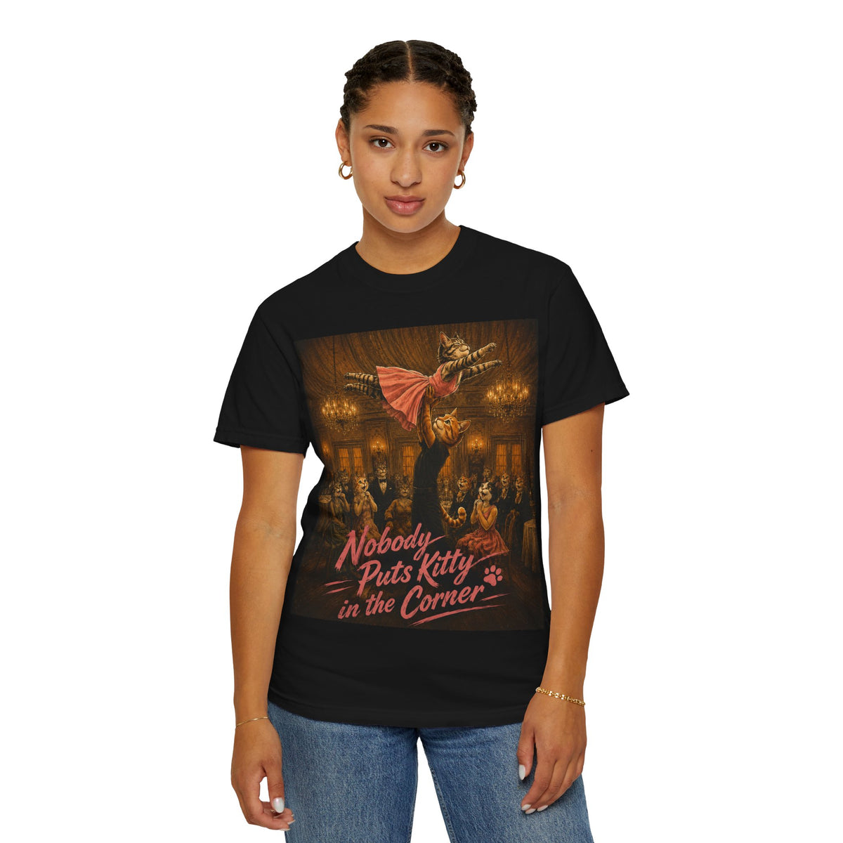 Nobody Puts Kitty in the Corner Cat Parody T-Shirt | Funny Retro Dancing Cats Tee