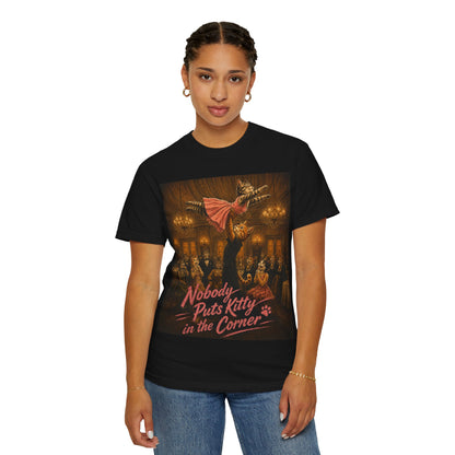 Nobody Puts Kitty in the Corner Cat Parody T-Shirt | Funny Retro Dancing Cats Tee