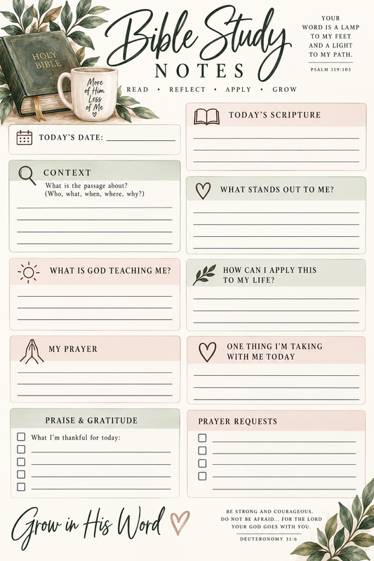 Bible Study Notes Notepad | 5x7 Christian Scripture & Prayer Notes | 50 Sheets