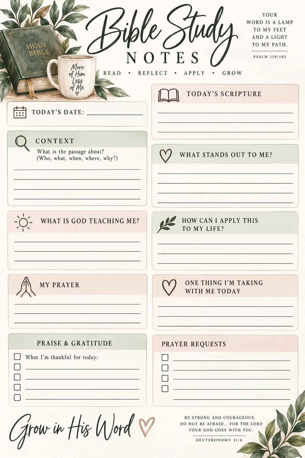 Digital Bible Study Notes | Printable Christian Bible Study Journal | Scripture & Prayer PDF
