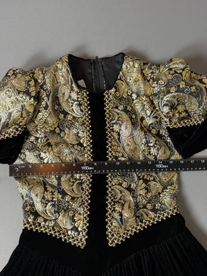 Vintage Jessica McClintock Black & Gold Metallic Brocade Velvet Dress – Size 12