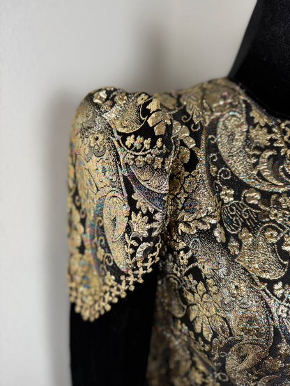 Vintage Jessica McClintock Black & Gold Metallic Brocade Velvet Dress – Size 12