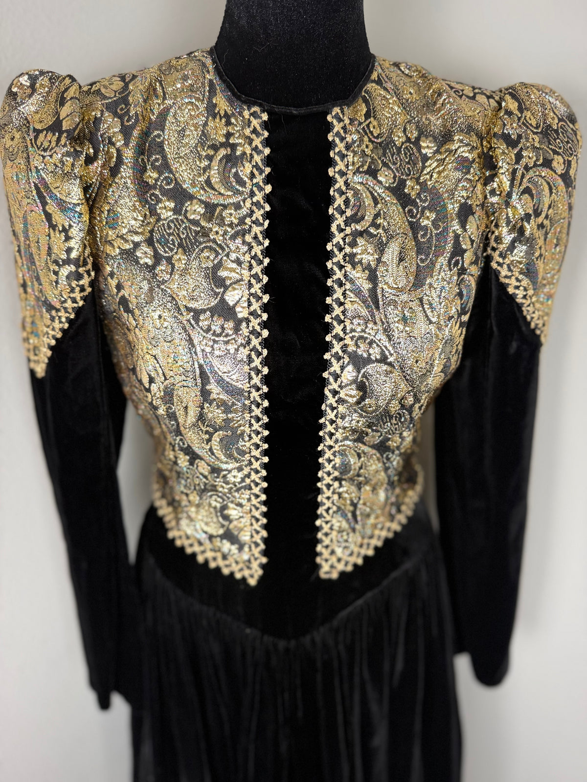 Vintage Jessica McClintock Black & Gold Metallic Brocade Velvet Dress – Size 12