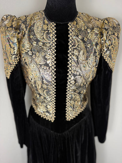 Vintage Jessica McClintock Black & Gold Metallic Brocade Velvet Dress – Size 12