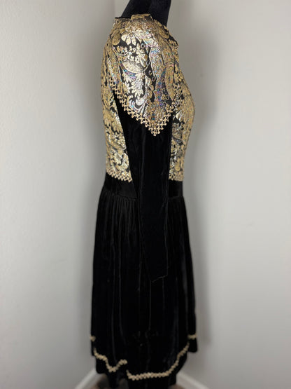 Vintage Jessica McClintock Black & Gold Metallic Brocade Velvet Dress – Size 12