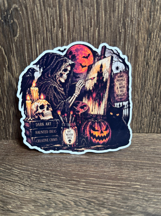 Dark Art Halloween Sticker 3" | Gothic Skeleton Artist Sticker | Spooky Art Studio Sticker | Halloween Vinyl Decal