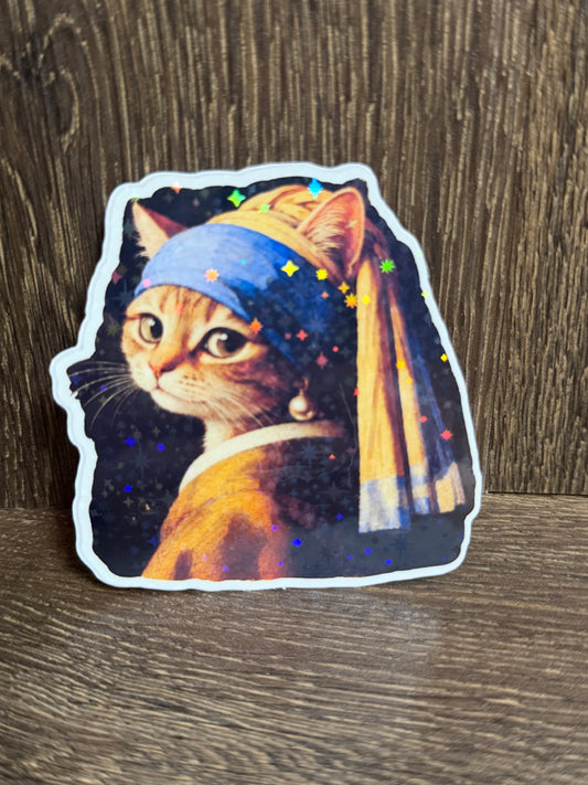 Cat with a Pearl Earring Sticker 3" | Girl with a Pearl Earring Parody | Famous Painting Cat Sticker | Art Lover Gift