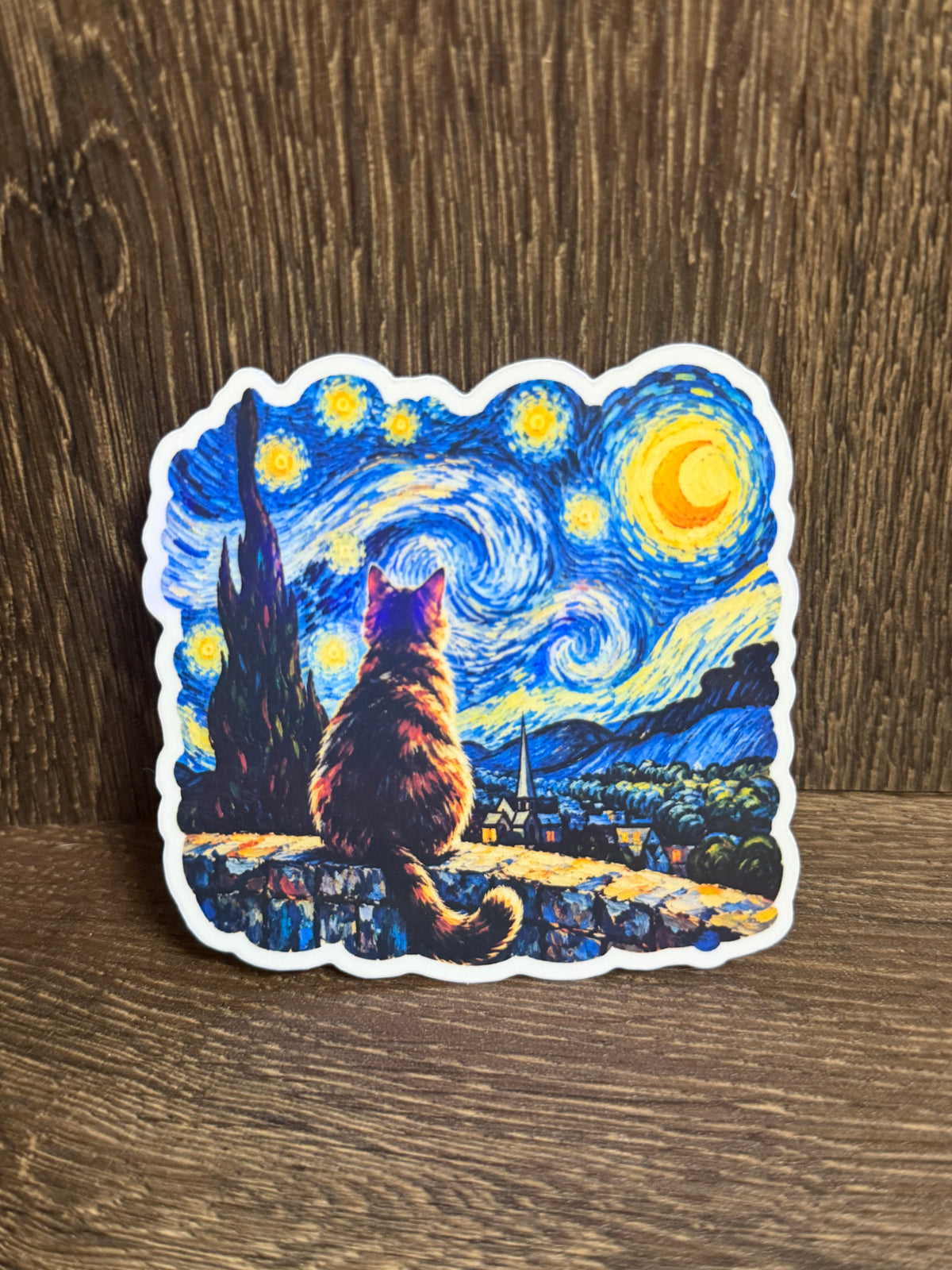 Starry Night Cat Sticker – 3" Van Gogh Inspired Cat Art